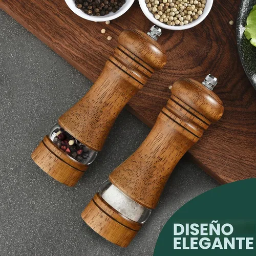 Vista 2 de Juego de Molinillo de Sal y Pimienta de 2 Piezas, Molinillos de Sal y Pimienta de Madera de 6.5 Pulgadas con Grosor Ajustable, Molinillo de Pimienta