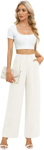 Vista 4 de Feiersi Pantalones de trabajo de negocios para mujer, de cintura alta, pantalones de pierna ancha, pantalones largos y rectos con bolsillo