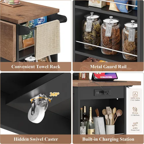 Vista 8 de Keyluv Isla de almacenamiento de cocina con 2 taburetes, carrito de cocina móvil de 51 pulgadas con hoja de caída y toma de corriente, mesa de isla