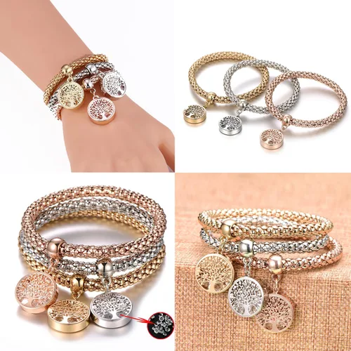 Vista 3 de GuGoLar 12 pulseras de cadena de maíz de oroplataoro rosa de cristal multicapa de mariposa círculo de corazón medallón de árbol de la vida