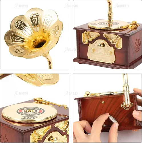 Vista 8 de AUEAR, Caja de música clásica de gramófono marrón para decoración de escritorio de mesa casera