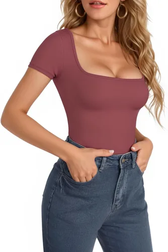 Vista 171 de MANGOPOP - Body de manga corta con cuello cuadrado para mujer