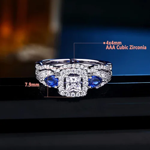 Vista 2 de Sheloves - Juego de anillos de boda para pareja, mujer, plata de ley con circonita cúbica para hombre, anillos de tungsteno azul para él y ella