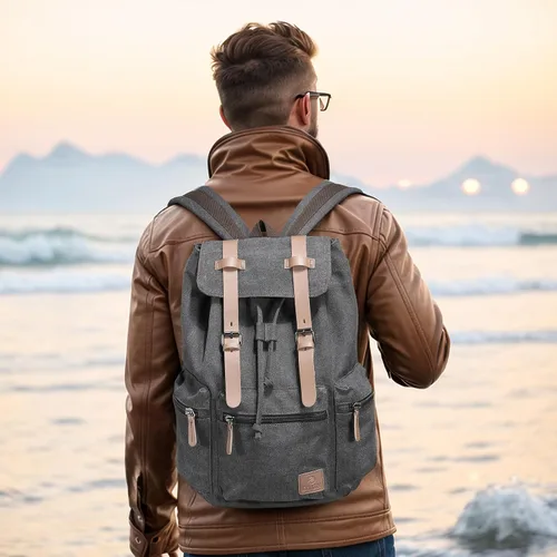 Vista 2 de DTGN Mochila de lona vintage para hombres y mujeres, mochila casual duradera con acento de cuero, se adapta a la universidad, trabajo, viajes y al
