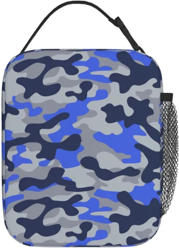 Vista 3 de Bolsas de almuerzo aisladas de camuflaje azul para hombres, mujeres, niños y niñas, lonchera reutilizable para el trabajo, oficina, viajes, caja