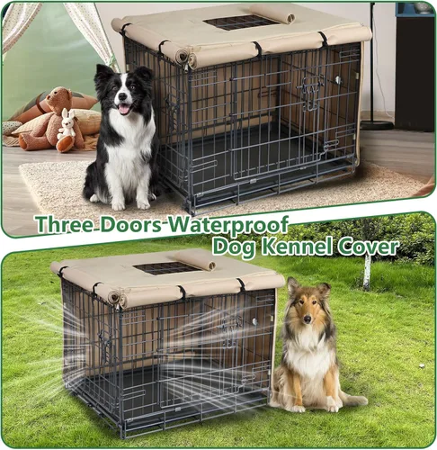 Vista 5 de Funda para Jaula de Perro de 24 Pulgadas - Funda Impermeable para Perrera de Perro de Tres Puertas, Fundas para Jaula de Tela Oxford 600D con Beige