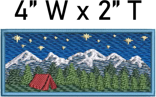 Vista 2 de Parche Bordado de Bosque de Montaña con Árboles, Tienda y Estrellas de 4 Pulgadas para Coser o Planchar, Recuerdo de Vacaciones, Viaje, Aventura