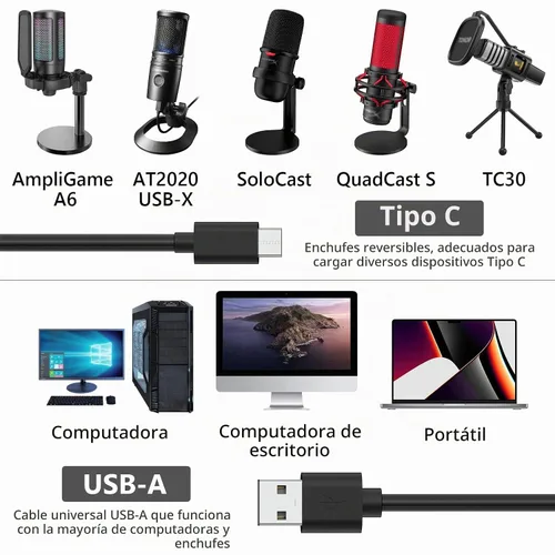 Vista 3 de GEEKRIA for Creators - Cable de micrófono USB A a tipo C de 10 pies / 3 M, compatible con Fifine AmpliGame A6, HyperX QuadCast S, SoloCast, Logitech