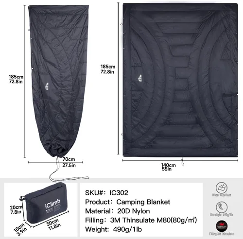 Vista 8 de iClimb - Manta de camping ultraligera y compacta con aislamiento Thinsulate 3M