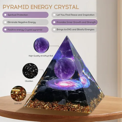 Vista 3 de Hopeseed Pirámide de orgón para energía positiva, amatista de orgonita y obsidiana pirámides de cristal curativo para reducir el estrés