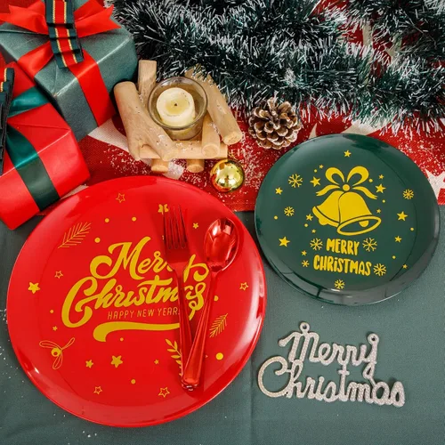 Vista 9 de WDF 175 piezas de platos de Navidad de plástico desechables - 25 platos verdes, 25 platos rojos con campanas doradas, 75 cubiertos de plástico