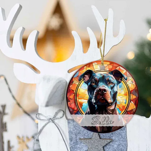 Vista 3 de Amstaff - Adornos personalizados para perros Amstaff para árbol de Navidad con nombre, adorno estilo vitral para perros, regalos para amantes