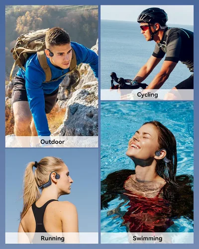 Vista 8 de Voistek Auriculares de conducción ósea inalámbricos Bluetooth, auriculares de conducción ósea ajustables con reproductor de MP3 de 32 GB e Azul