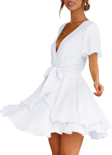 Vista 2 de Cosonsen Vestido corto de mujer con cuello en V profundo, manga larga, cintura con volados, vestido skater