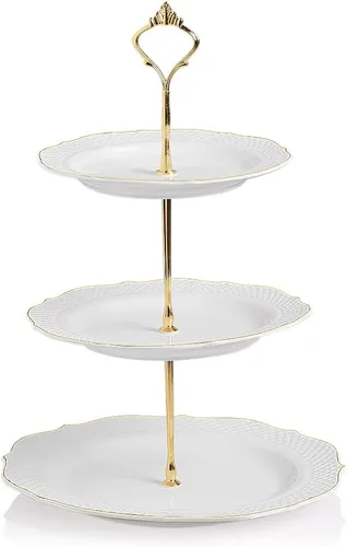 Vista 22 de Sweejar Soporte de cerámica para tartas de 3 niveles, soporte para postres, soporte para cupcakes, bandeja para servir pasteles de fiesta de té