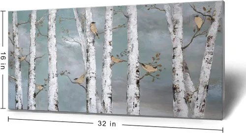 Vista 3 de AMATOP Arte de pared turquesa 100% pintado a mano, pintura al óleo de paisaje forestal en lienzo, obra de arte enmarcada original, pájaro dorado