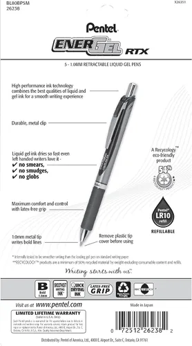 Vista 16 de Pentel EnerGel RTX - Bolígrafo de gel líquido retráctil, línea mediana, punta de metal, tinta de colores surtidos, paquete de 4 unidades (BL77BP4M)