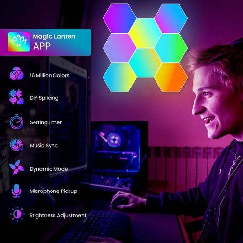 Vista 2 de TISOFU Luces Hexagonales (Paquete de 8) Paneles de Pared LED, Luces RGB para Juegos con APP, Panel Modular Inteligente Azulejos Hexagonales Push
