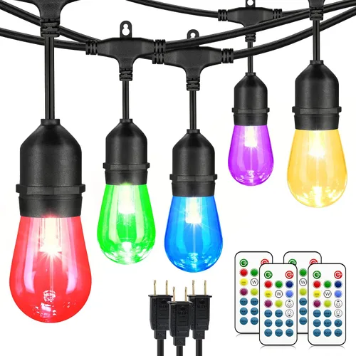 Vista 13 de Mlambert Luces de patio al aire libre de 48 pies, impermeables, regulables con control remoto, cadena de luces LED RGB Cafe con 15 bombillas Negro