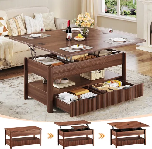 Vista 13 de HUAHUU Mesa de centro elevable de 40 pulgadas con almacenamiento, mesa de centro cuadrada 4 en 1 con compartimento oculto y estante abierto y 2