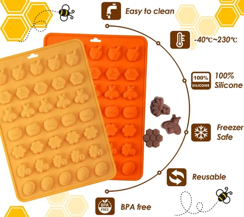 Vista 7 de Webake Molde de chocolate para dulces de abeja con 7 formas diferentes, molde de silicona de abeja de 35 cavidades para decoración de cupcakes