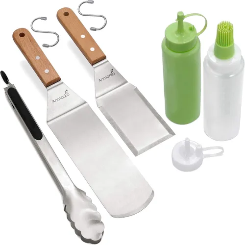 Vista 11 de Juego de espátulas de metal, espátula larga para plancha, espátulas de teppanyaki, raspador de plancha y aleta para panqueques o volteador