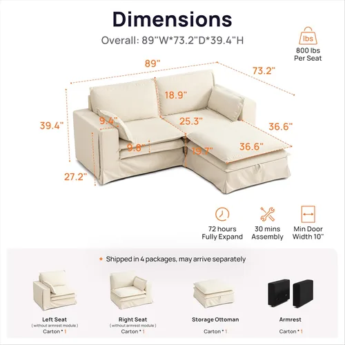 Vista 2 de Sofá modular lavable de gran tamaño de 89 pulgadas, sofá nube con funda totalmente extraíble, sofás seccionales para sala de estar, tela