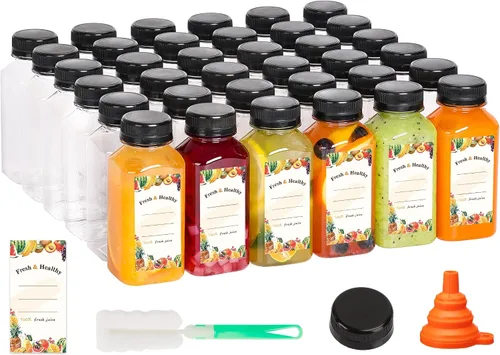 Vista 8 de Moretoes 12 botellas de plástico para jugo de 8 onzas con tapas, botellas de agua reutilizables vacías transparentes, recipientes desechables
