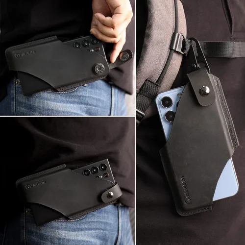 Vista 2 de Gentlestache Funda de cuero para teléfono celular con clip para cinturón, bolsa de cuero para iPhone Samsung Motorola, funda para cinturón con Negro