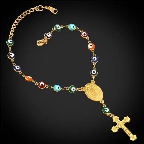 Vista 4 de U7 Collar de rosario de acero inoxidable para hombre y mujer, con cruz de ojo malvado