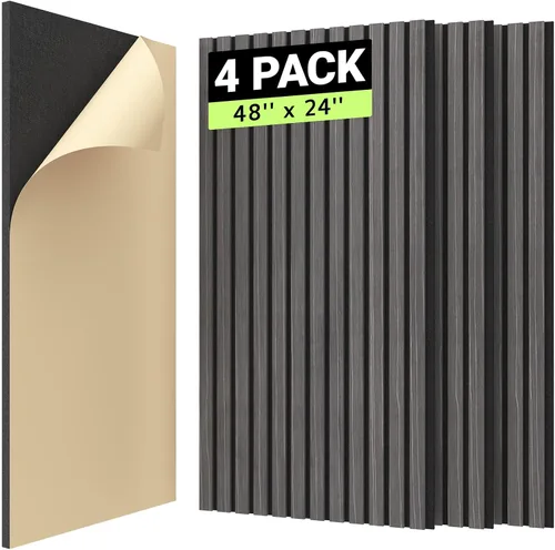 Vista 9 de TONOR 2 paneles de listones de madera, paneles acústicos adhesivos de 48 x 24 pulgadas para pared, paneles decorativos 3D estriados para absorción