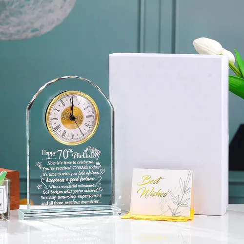Vista 4 de Ornalrist Reloj de cristal de feliz cumpleaños 70 para mujeres, hombres, recuerdo de cumpleaños de 70 años para mamá, papá, padres, decoración