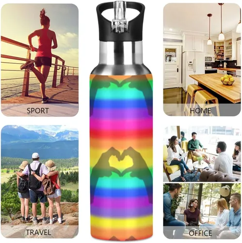 Vista 5 de Rainbow Stripes - Botella de agua aislada de acero inoxidable con pajilla, botellas de agua a prueba de fugas, botella de agua deportiva sin BPA