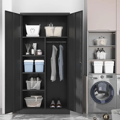 Vista 7 de Yizosh Armario de metal para colgar ropa con puertas de cerradura, armario de acero con cerradura de 72 pulgadas, organizador de ropa para Negro