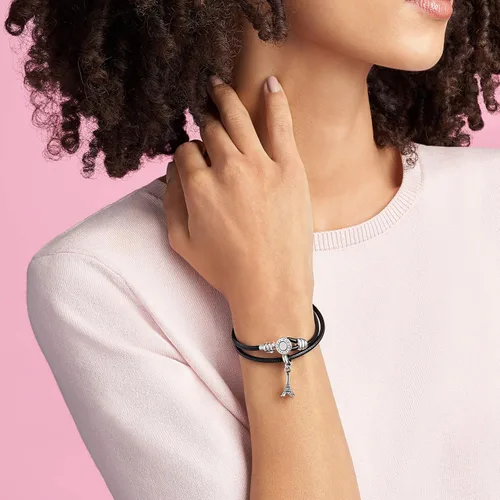 Vista 3 de PANDORA Joyería - Pulsera doble de cuero con circonita cúbica en plata de ley, Metal Cuero