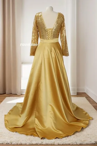 Vista 5 de Vestido de fiesta de lentejuelas de manga larga con cuello en V, vestido de fiesta dividido de satén con cola desmontable, vestido de noche formal
