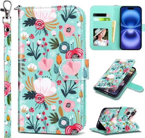 Vista 21 de ULAK Funda tipo billetera compatible con iPhone 15 para mujeres, funda tipo cartera con estampado floral de piel PU premium con porta tarjetas