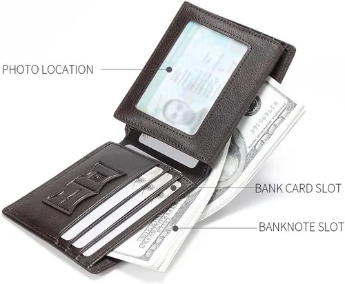 Vista 59 de Billetera de piel triple con bloqueo RFID para hombre con 2 ventanas de identificación, 2 compartimentos para efectivo, 6-8 ranuras para tarjetas
