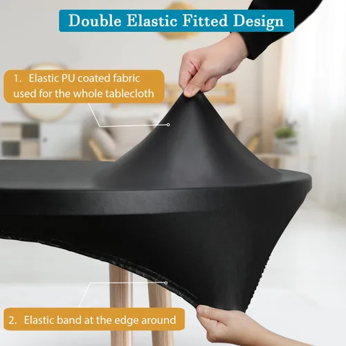 Vista 2 de Mantel redondo de poliuretano de diseño doble ajustado, mantel redondo elástico lavable antidesgarros, mantel ajustable suave al tacto, mantel Negro