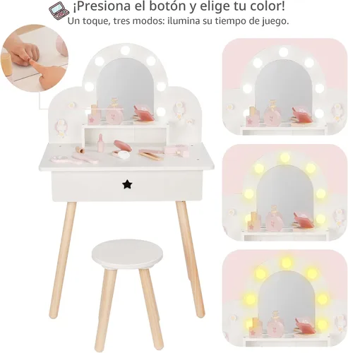 Vista 2 de Leeshyah Juego de Tocador para Niñas con Espejo de Luz de 3 Colores con Botón Táctil, Mesa de Maquillaje de Madera de Juego de Simulación con 11
