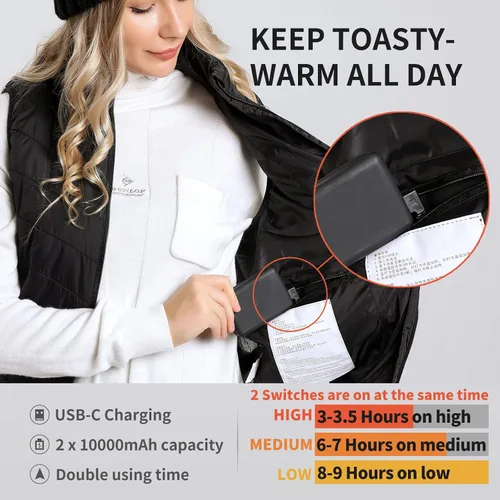 Vista 4 de QTREE intelligence Chaleco térmico para mujer con 2 unidades de batería de 10000 mAh, control de 2 botones, recargable, 8 zonas, chaleco