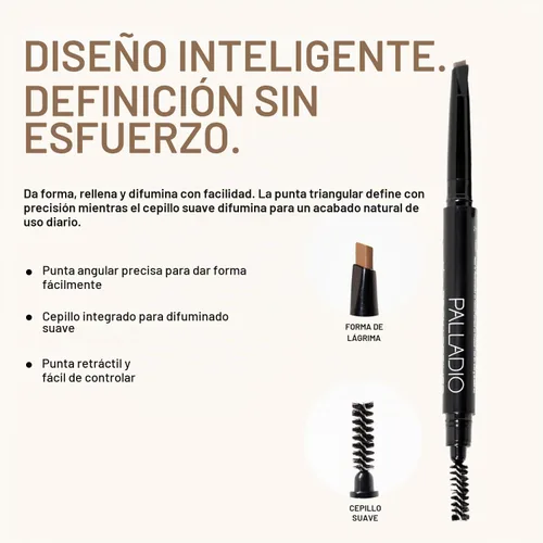 Vista 3 de Palladio Lápiz retráctil para definir cejas, punta triangular rellena las cejas para un aspecto natural, domina y da forma a las cejas con cepillo
