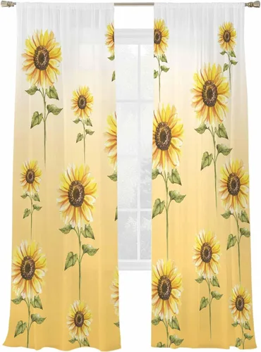 Vista 2 de Juego de paneles de cortinas de girasol, cortinas de gasa para cocina, cortinas de gasa de privacidad para sala de estar, dormitorio, decoración
