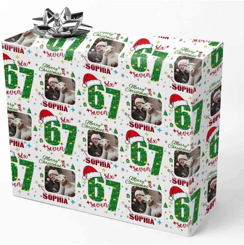 Vista 11 de Papel de regalo personalizado con fotografía, “Merry Christmas” con sombrero de Navidad, papel de regalo personalizado “Happy Birthdays” con nombre
