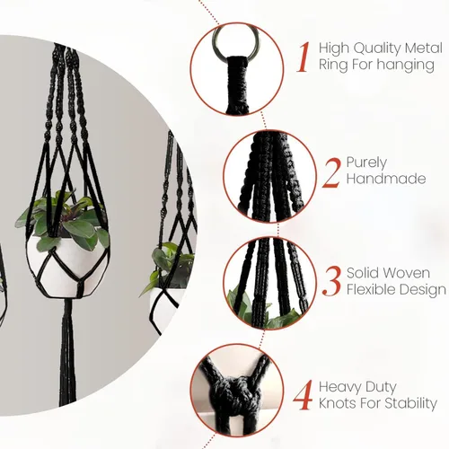 Vista 2 de Feedee Ganchos de macramé para plantas, paquete de 6, color negro, interior/exterior, algodón