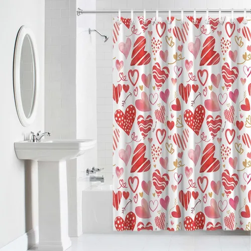 Vista 5 de BestLives Cortina de ducha de San Valentín, diseño de corazón rosa y rojo, con diseño de flechas románticas, impermeable, tela de poliéster, con 10