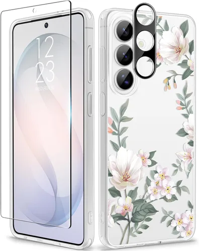 Vista 66 de GVIEWIN Funda protectora para Samsung Galaxy S25, transparente floral, delgada, a prueba de golpes, para mujer, no se pone amarilla, con protector