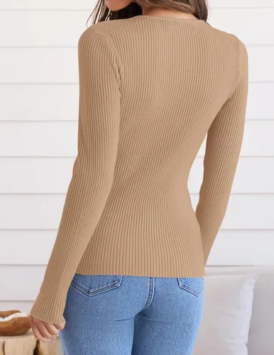 Vista 4 de ZESICA Camisas de manga larga con cuello redondo para mujer, suéter de punto para otoño, ajustado, informal, básica