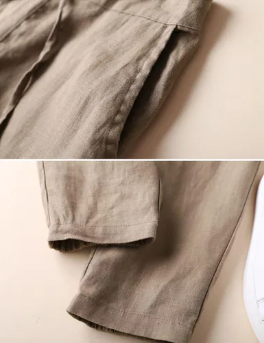 Vista 3 de IXIMO - Pantalones de pierna cónica para mujer, 100% de lino, cintura elástica con cordón ajustable en la espalda, longitud hasta el tobillo