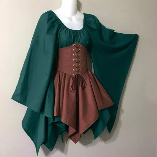Vista 3 de Disfraz medieval renacentista para mujer vestido corto irlandés estilo pirata manga acampanada vestido corto tradicional irlandés